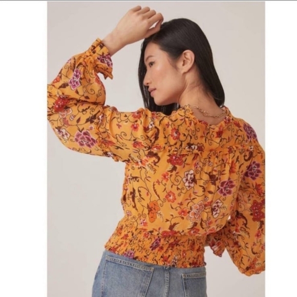 Anthropologie Floral Surplice Neck Blouse Ruffles Size Medium Yellow Red Cropped - Picture 3 of 12